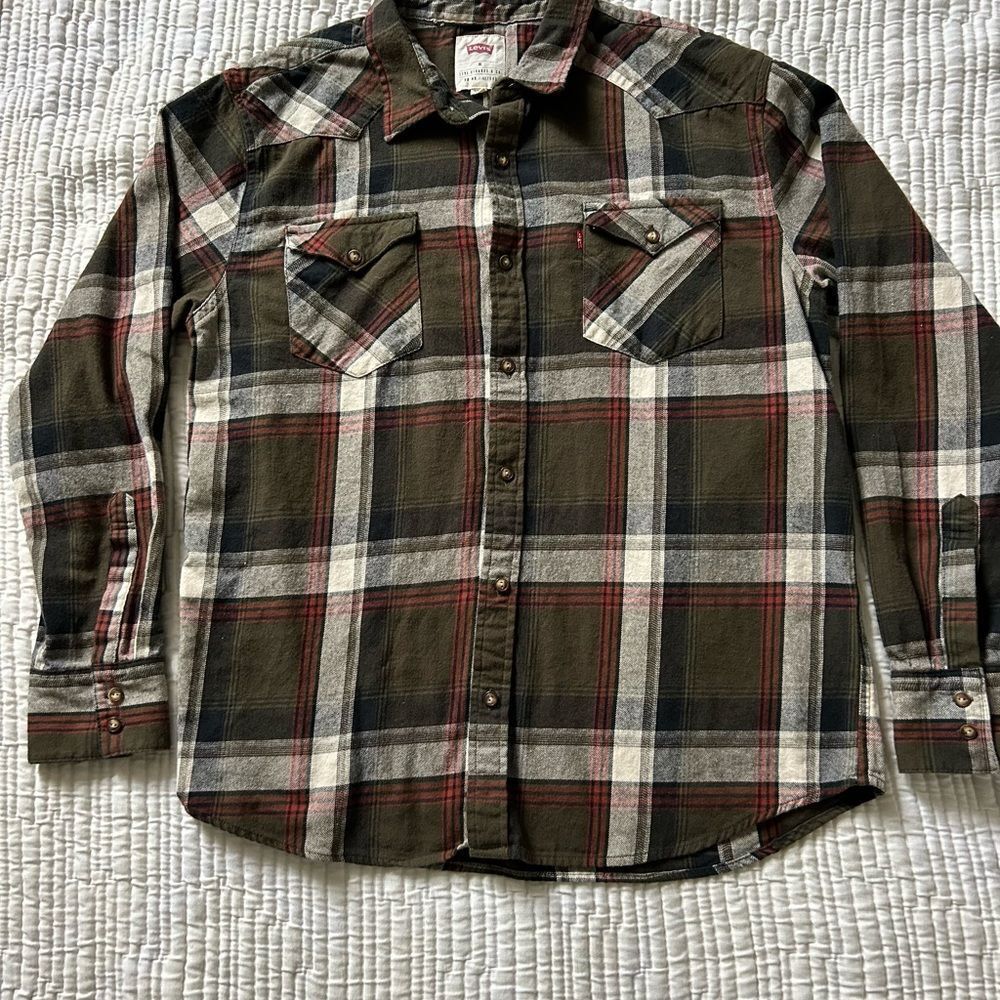 Levi's Women's Plaid Flannel Button-Down Shirt in Olive and Red Size Extra Large